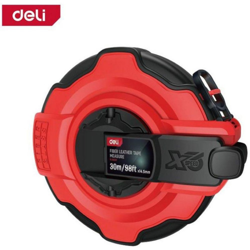 Мерная лента Deli DL9930Y  30м x 14,5мм, ударопрочный корпус с резиновыми вставками, полотно из стекловолокна и ПВХ, увеличенная скорость сматывания ленты