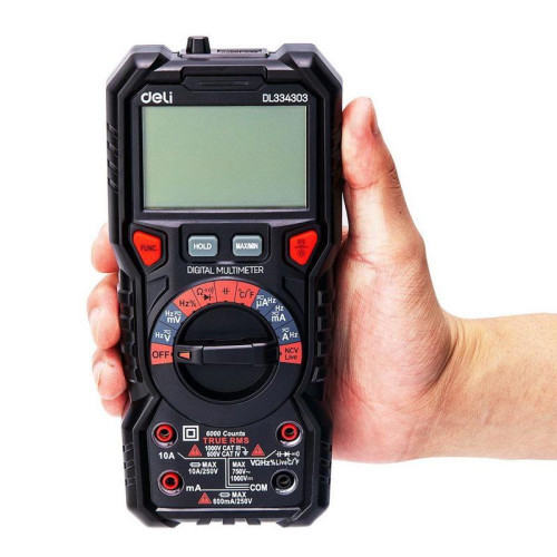 Многофункциональный цифровой мультиметр Deli DL334303 напряж. 0-1000В, сила тока 0,02-10А, сопр. до 60 МОм, ЖК-дисплей