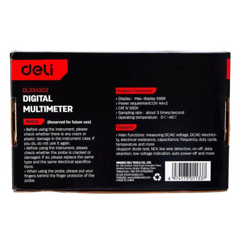 Многофункциональный цифровой мультиметр Deli DL334303 напряж. 0-1000В, сила тока 0,02-10А, сопр. до 60 МОм, ЖК-дисплей