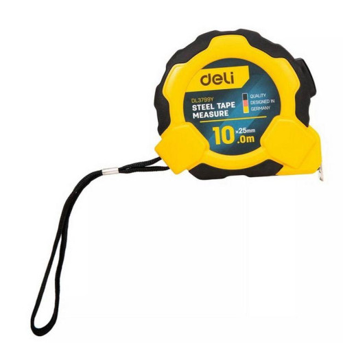 Рулетка Deli DL3799  10м*25мм, Автостоп, ударопрочный корпус, метрическая