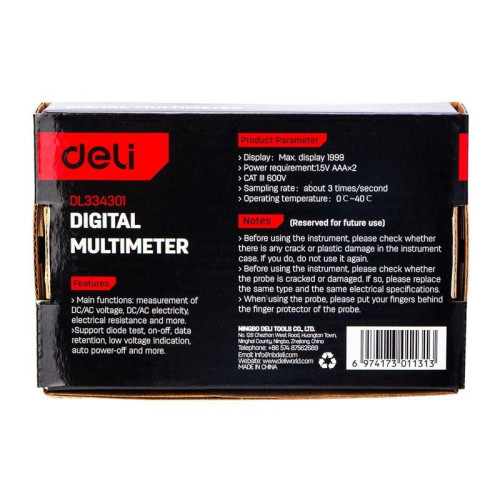Многофункциональный цифровой мультиметр Deli DL334301 напряж. 0,2-600В, сила тока 0,02-10А, сопр. 0,0002-20 МОм, ЖК-дисплей