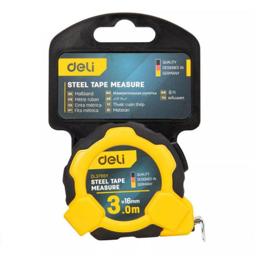 Рулетка Deli DL3795  3м*16мм, Автостоп, ударопрочный корпус, метрическая