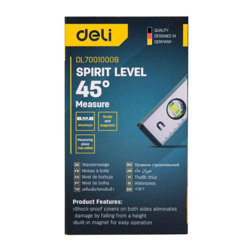Строительный уровень Deli DL7001000B 1000мм, алюминиевый сплав, мягкие резиновые заглушки, магнит