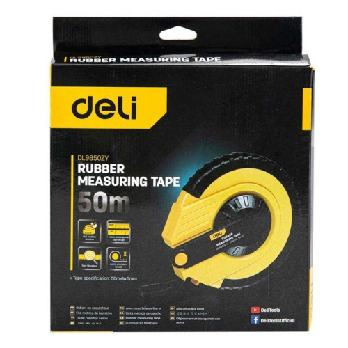 Мерная лента Deli DL9850ZY 50м x 14.5мм, ударопрочный корпус, полотно из стекловолокна и ПВХ