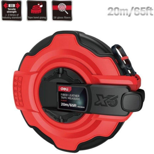 Мерная лента Deli DL9920Y  20м x 14,5мм, ударопрочный корпус с резиновыми вставками, полотно из стекловолокна и ПВХ, увеличенная скорость сматывания ленты