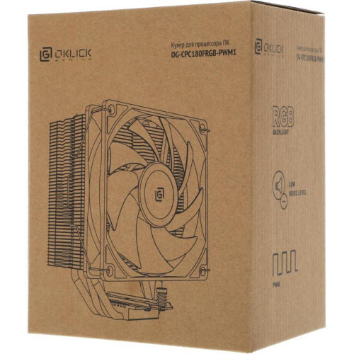 Кулер Oklick OG-CPC180FRGB-PWM1 RGB Soc-AM5/AM4/1151/1200/2066/2011/1700 черный 4-pin 20dB Al+Cu 180W 820gr Ret [OG-CPC180FRGB-PWM1]