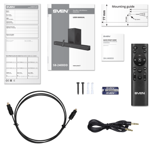 Саундбар SVEN SB-2400DD, черный (400Вт, DD, BT, HDMI, ПДУ, Optical, USB, дисплей, беспроводной сабвуфер)