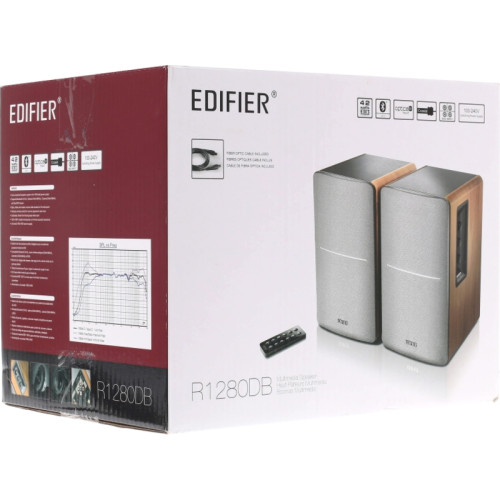 Акустическая система/ Колонки EDIFIER R1280DB Коричневый 21 Вт + 21 Вт. Частотная характеристика: 55 Гц-20кГц Выходы: оптический, коаксиальный, линейный 2 шт., Bluetooth. Пульт ДУ, колоночный кабель, аудиокабель RCA-RCA, аудиокабель 3.5 мм- RCA, волоконно