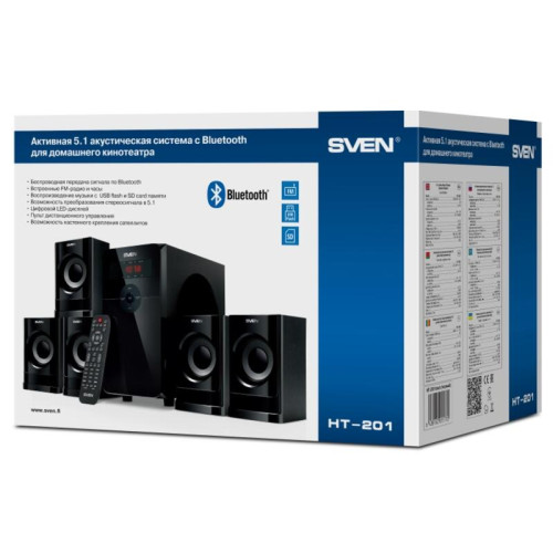АС SVEN HT-201, черный, акустическая система 5.1 (80 Вт, Bluetooth, пульт, дисплей, FM, USB, SD)