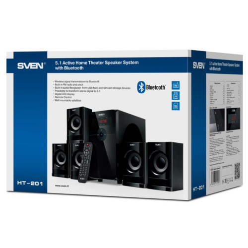АС SVEN HT-201, черный, акустическая система 5.1 (80 Вт, Bluetooth, пульт, дисплей, FM, USB, SD)