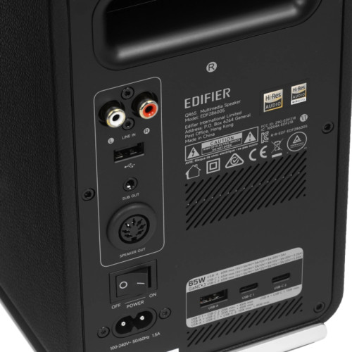 Акустическая система/ Колонки EDIFIER QR65 Чёрный 70 Вт. Bluetooth: 5.3. Функция воспроизведения аудио файлов с флеш-носителей отсутствует. В комплекте: подставки под колонки*2, зарядный кабель, колоночный кабель, USB-A - USB-A аудио кабель, 3,5 мм-RCA ка