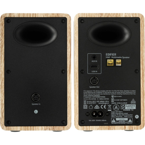 Акустическая система/ Колонки EDIFIER M60 Дуб 66 Вт. Bluetooth: 5.3. Функция воспроизведения аудио файлов с флеш-носителей отсутствует. В комплекте: подставки под колонки*2, зарядный кабель, колоночный кабель, USB-C - USB-C аудио кабель, 3,5 мм-RCA