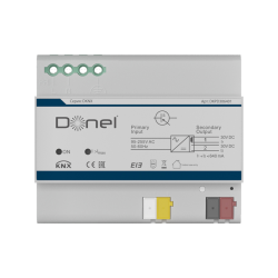 Donel KNX блок питания, 640 мA. Входное напряжение 95-255 В AC, 47-63 Гц, выход 1: 30 В DC +1/-2 В, SELV с дросселем; выход 2: 30 В DC +1/-2 В, SELV без дросселя, всего 640 мА, защита от короткого замыкания, Cерия DKNX