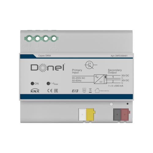 Donel KNX блок питания, 640 мA. Входное напряжение 95-255 В AC, 47-63 Гц, выход 1: 30 В DC +1/-2 В, SELV с дросселем; выход 2: 30 В DC +1/-2 В, SELV без дросселя, всего 640 мА, защита от короткого замыкания, Cерия DKNX