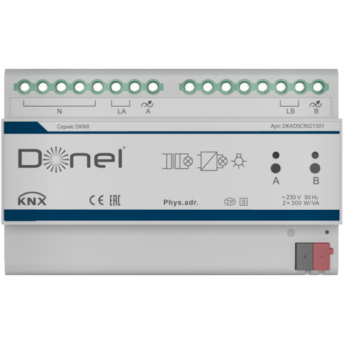 Donel KNX SCR диммер 2-канальный, Установка на DIN-рейку, макс. нагрузка 300 Вт, управление фазой, диммирование SCR, Cерия DKNX