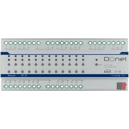 Donel KNX 24-канальный многофункциональный актуатор, 10A Установка на DIN-рейку, Номинальное напряжение 230/400 В переменного тока, 50–60 Гц, внутреннее использование магнитного реле 10 А, привод переключателя/жалюзи/фанкойла, Cерия DKNX