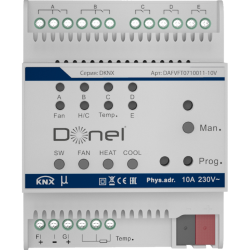 Donel Контроллер фанкойла KNX, 0-10 В, Выходное напряжение: 0-10 В или 10 А/105 мкФ. Коммутационная способность 16A/30V DC, Привод переменного тока 230 В и 24 В переменного тока с интерфейсом привода 0-10 В; трехпроводной интерфейс датчика температуры PT1
