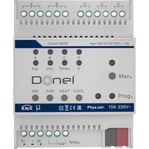 Donel Контроллер фанкойла KNX, 0-10 В, Выходное напряжение: 0-10 В или 10 А/105 мкФ. Коммутационная способность 16A/30V DC, Привод переменного тока 230 В и 24 В переменного тока с интерфейсом привода 0-10 В; трехпроводной интерфейс датчика температуры PT1