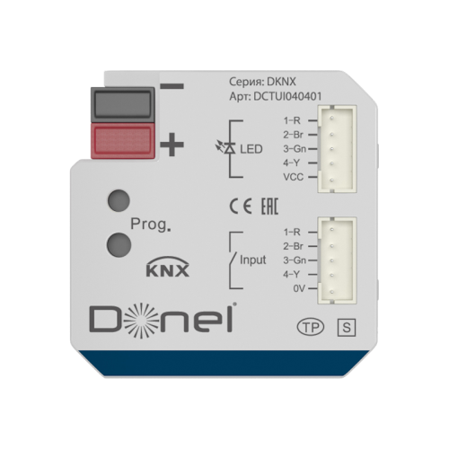 Donel KNX Универсальный интерфейс , 4 канала, 12 В DC Могут индивидуально параметрироваться как входы или выходы, длина шины до 10м, вход 20 В DC, 5 мА, выход 12 В DC, макс. 2,5 мА, 4 входа 4 выхода, Cерия DKNX