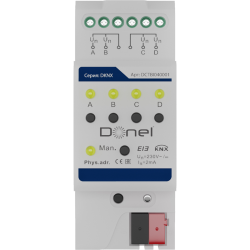 Donel KNX Бинарный вход 4-канальный Вход 0-265 В AC/DC, макс. 2 мА, 0-3 В для «0», 9–265 В для «1», длина кабеля до 100 м (1,5 мм2). Функции KNX: переключатель, диммер, жалюзи, сцена, отправка значения, последовательность переключения, счетчик, несколько 