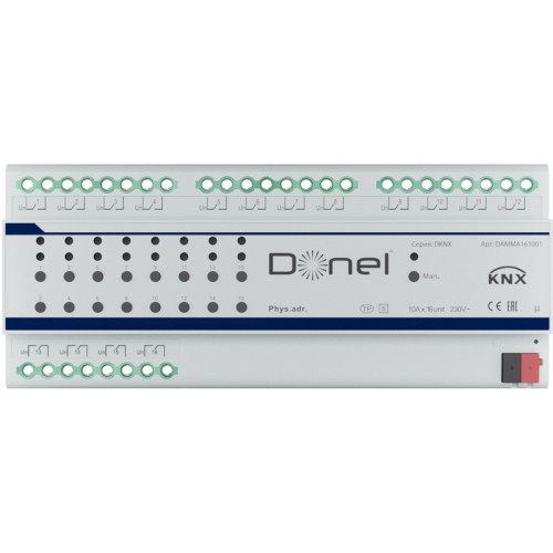 Donel KNX 16-канальный многофункциональный актуатор, 10A Установка на DIN-рейку, Номинальное напряжение 230/400 В переменного тока, 50–60 Гц, внутреннее использование магнитного реле 10 А, привод переключателя/жалюзи/фанкойла, Cерия DKNX