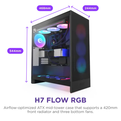 Корпус без блока питания/ Case NZXT H7 Flow RGB, Midi-Tower, TG, 3x120mm RGB, 2xUSB-A 3.2 + 1xUSB-C 3.2, E-ATX, ATX, mATX, mITX Black