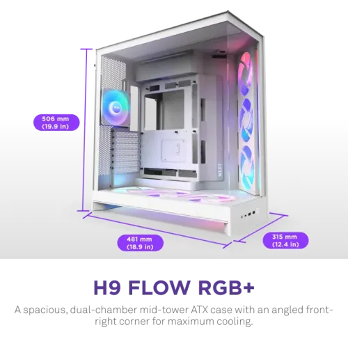 Корпус без блока питания/ Case NZXT H9 Flow RGB+ (2025), Midi-Tower, TG, 6x140mm RGB + 1x120mm RGB, 2xUSB-A 3.2 + 1xUSB-C 3.2, E-ATX, ATX, mATX, mITX White