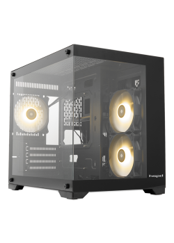 Корпус без блока питания/ HSPD F330, Panoramic Mini-tower, Black, TG, 0.5 SPCC, 3x120mm ARGB mATX, mITX 160/400/200mm 1x2.5