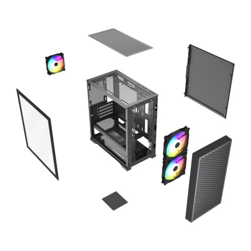 Корпус без блока питания/ Case HSPD M335, Mesh Mini-tower, Black, TG, 0.45 SPCC, 3x120mm ARGB (M11-120) mATX, mITX 160/340/180mm 2x2.5