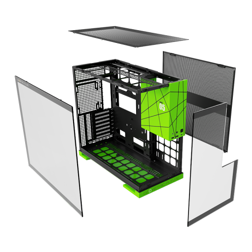 Корпус ПК без блока питания/ Case Geometric Future Model 5 NV Style, Midi-Tower, TG, no fans, 2xUSB-A 3.0, 1xUSB 3.2 Type-C, E-ATX, ATX, mATX, mITX Black/Green