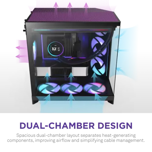 Корпус без блока питания/ Case NZXT H9 Flow RGB+ (2025), Midi-Tower, TG, 6x140mm RGB + 1x120mm RGB, 2xUSB-A 3.2 + 1xUSB-C 3.2, E-ATX, ATX, mATX, mITX Black