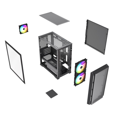 Корпус без блока питания/ Case HSPD M336, Mesh Mini-tower, Black, TG, 0.45 SPCC, 3x120mm ARGB (M11-120) mATX, mITX 160/340/180mm 2x2.5