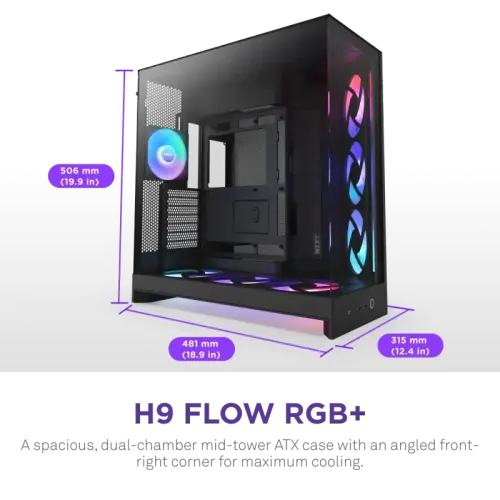 Корпус без блока питания/ Case NZXT H9 Flow RGB+ (2025), Midi-Tower, TG, 6x140mm RGB + 1x120mm RGB, 2xUSB-A 3.2 + 1xUSB-C 3.2, E-ATX, ATX, mATX, mITX Black
