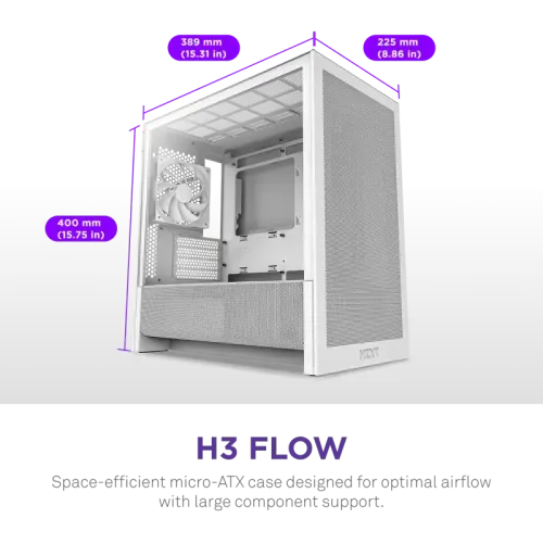 Корпус без блока питания/ Case NZXT H3 Flow (2025), Midi-Tower, TG, 1x120mm, 1xUSB-A 3.2 + 1xUSB-C 3.2, mATX, mITX White