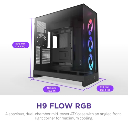 Корпус без блока питания/ Case NZXT H9 Flow RGB (2025), Midi-Tower, TG, 3x140mm RGB + 1x120mm, 2xUSB-A 3.2 + 1xUSB-C 3.2, E-ATX, ATX, mATX, mITX Black