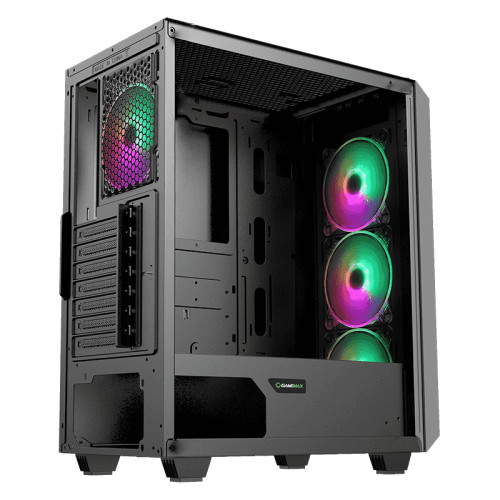 Компьютерный корпус, без блока питания ATX/ Gamemax Revolt ATX case, black, w/o PSU, w/1xUSB3.0+1xUSB2.0, w/3x12cm ARGB GMX-FN12-Rainbow-T front fans, w/1x12cm ARGB GMX-FN12-Rainbow-T rear fan