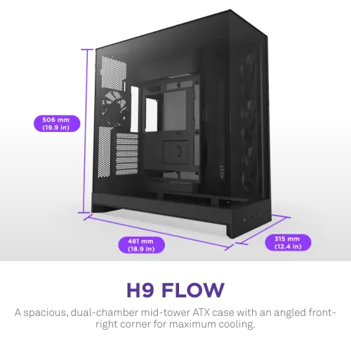Корпус без блока питания/ Case NZXT H9 Flow (2025), Midi-Tower, TG, 3x140mm + 1x120mm, 2xUSB-A 3.2 + 1xUSB-C 3.2, E-ATX, ATX, mATX, mITX Black
