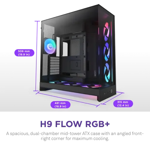 Корпус без блока питания/ Case NZXT H9 Flow RGB+ (2025), Midi-Tower, TG, 6x140mm RGB + 1x120mm RGB, 2xUSB-A 3.2 + 1xUSB-C 3.2, E-ATX, ATX, mATX, mITX Black