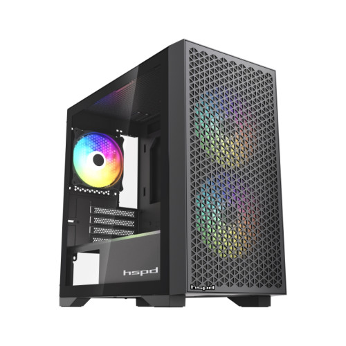 Корпус без блока питания/ Case HSPD M335, Mesh Mini-tower, Black, TG, 0.45 SPCC, 3x120mm ARGB (M11-120) mATX, mITX 160/340/180mm 2x2.5