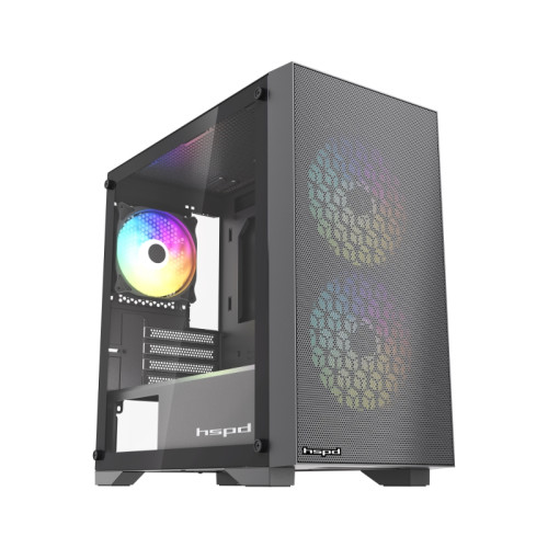 Корпус без блока питания/ Case HSPD M334, Mesh Mini-tower, Black, TG, 0.45 SPCC, 3x120mm ARGB (M11-120) mATX, mITX 160/340/180mm 2x2.5