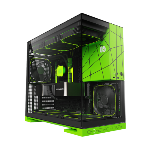 Корпус ПК без блока питания/ Case Geometric Future Model 5 NV Style, Midi-Tower, TG, no fans, 2xUSB-A 3.0, 1xUSB 3.2 Type-C, E-ATX, ATX, mATX, mITX Black/Green