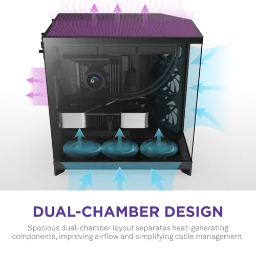 Корпус без блока питания/ Case NZXT H9 Flow (2025), Midi-Tower, TG, 3x140mm + 1x120mm, 2xUSB-A 3.2 + 1xUSB-C 3.2, E-ATX, ATX, mATX, mITX Black