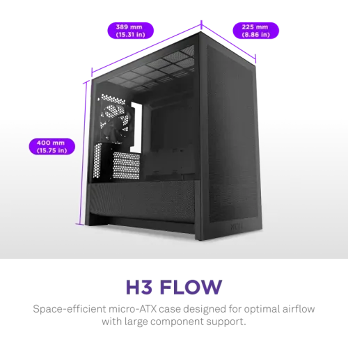 Корпус без блока питания/ Case NZXT H3 Flow (2025), Midi-Tower, TG, 1x120mm, 1xUSB-A 3.2 + 1xUSB-C 3.2, mATX, mITX Black Корпус без блока питания/ Case NZXT H3 Flow (2025), Midi-Tower, TG, 1x120mm, 1xUSB-A 3.2 + 1xUSB-C 3.2, mATX, mITX Black