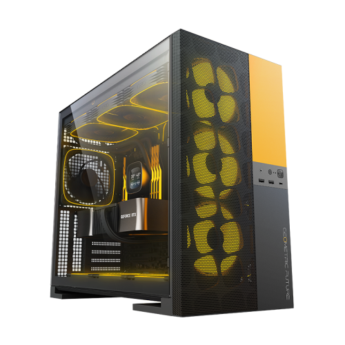 Корпус ПК без блока питания/ Case Geometric Future Model 5 Vent, Midi-Tower, TG, no fans, 2xUSB-A 3.0, 1xUSB 3.2 Type-C, E-ATX, ATX, mATX, mITX Black/Yellow