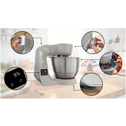 Кухонный комбайн Bosch/ Кухонный комбайн Bosch, мощность 1000 Вт, плавный пуск, 7 скоростей, импульсный режим,  объем чаши 3.9 л, планетарное вращение, встроенные весы, встроенный таймер, крюк для теста, венчик для взбивания, венчик для замешивания, насад