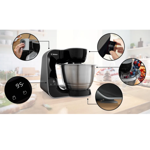 Кухонный комбайн Bosch/ Кухонный комбайн Bosch, мощность 1000 Вт, плавный пуск, 7 скоростей, импульсный режим,  объем чаши 3.9 л, планетарное вращение, встроенные весы, встроенный таймер, крюк для теста, венчик для взбивания, венчик для замешивания, насад