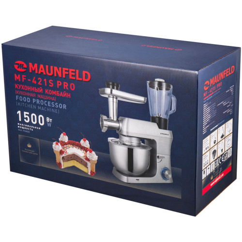 Кухонный комбайн MAUNFELD/ Кухонный комбайн MAUNFELD MF-421S PRO, мощность 1500 Вт, 6 скоростей, объем чаши блендера 1,5 л, объем чаши миксера 6,2 л, импульсный режим, мясорубка, блендер, планетарное движение насадок, овощерезка, цвет нержавеющая сталь