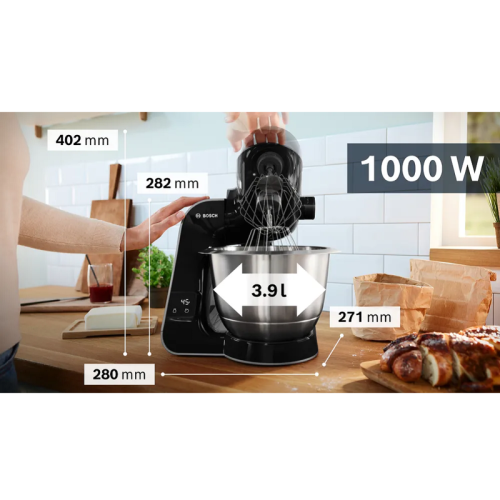 Кухонный комбайн Bosch/ Кухонный комбайн Bosch, мощность 1000 Вт, плавный пуск, 7 скоростей, импульсный режим,  объем чаши 3.9 л, планетарное вращение, встроенные весы, встроенный таймер, крюк для теста, венчик для взбивания, венчик для замешивания, насад