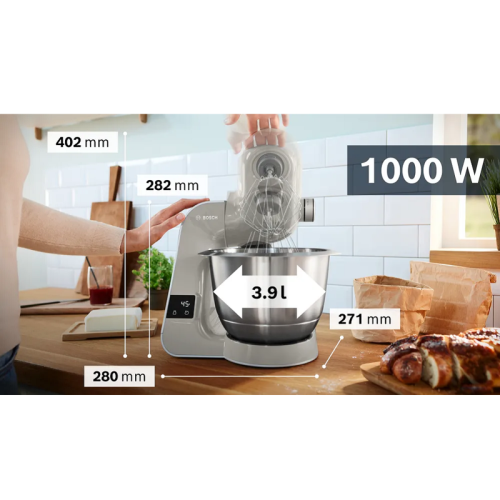 Кухонный комбайн Bosch/ Кухонный комбайн Bosch, мощность 1000 Вт, плавный пуск, 7 скоростей, импульсный режим,  объем чаши 3.9 л, планетарное вращение, встроенные весы, встроенный таймер, крюк для теста, венчик для взбивания, венчик для замешивания, насад