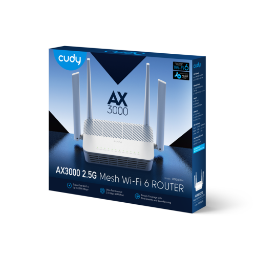 Маршрутизатор/ AX3000 2.5G Dual Band Wi-Fi 6 Mesh Router, Chipset MT7981BA+MT7976CN+MT7531AE+RTL8221B, 802.11ax/ac/a/b/g/n, 2402Mbps at 5GHz + 574Mbps at 2.4GHz, 1 x 2.5G Port , 4 x 10/100/1000Mbps Ports, 4 x 5dBi fixed antennas, WiFi router/AP/ Repeater/